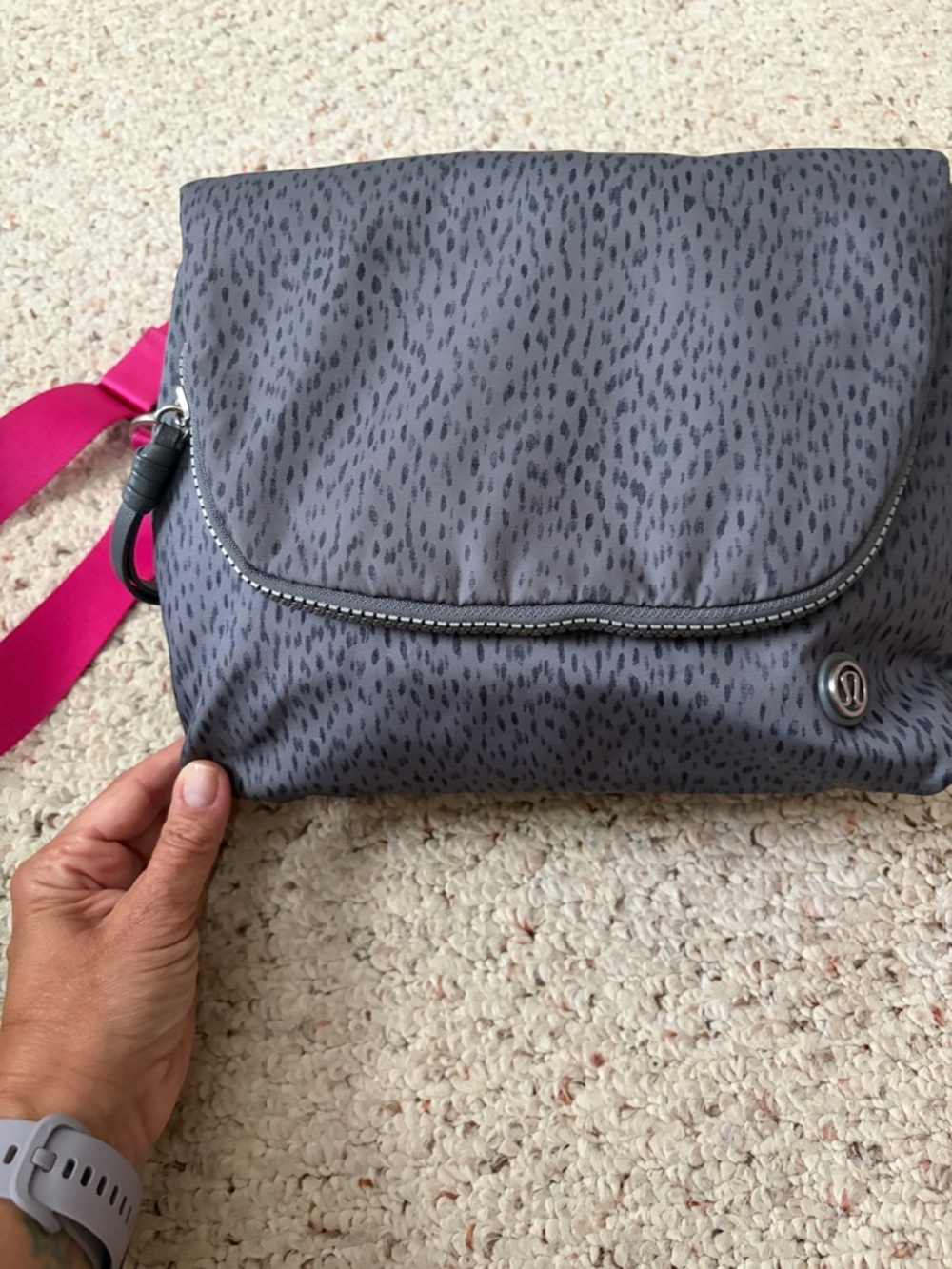 lululemon athletica Gray Patterned Crossbody with Pink Strap.
